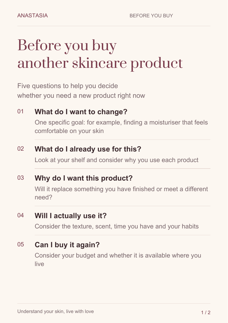 The first page of the guide with five questions before buying skincare